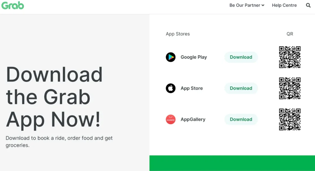 Grab website showing ride and food delivery services