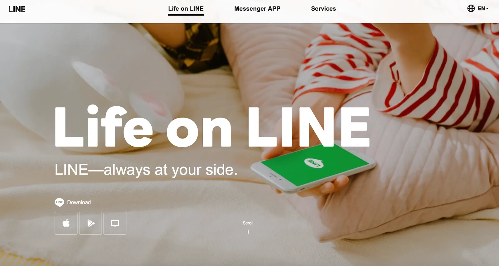 Homepage of Line's website displaying messaging and call features