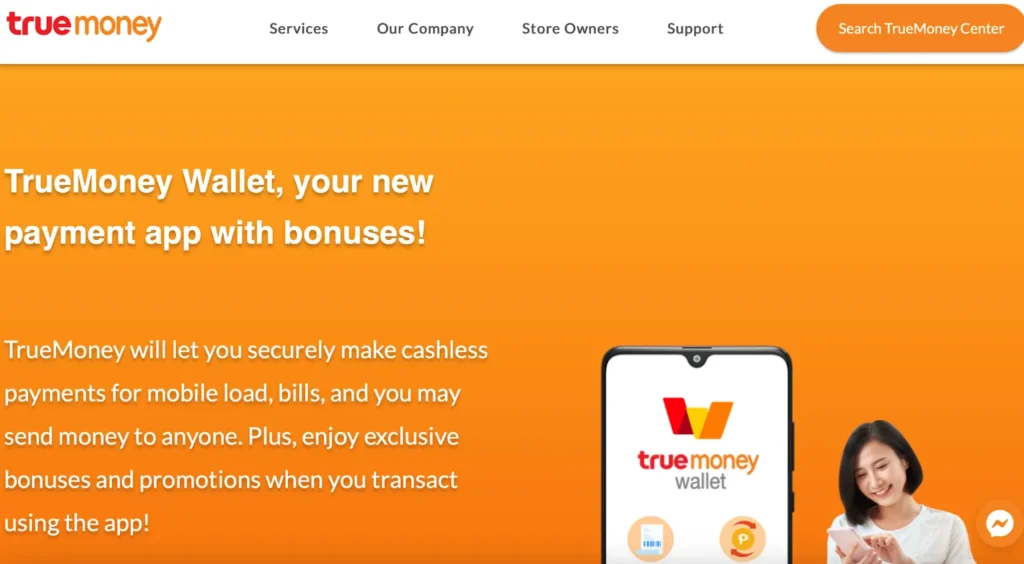 TrueMoney website showing digital wallet and payment options